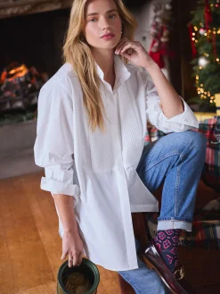 Adeline White Pleated Tuxedo-Style Shirt