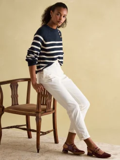 Agnes Navy Striped Button Neck Jumper