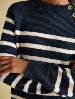 Agnes Navy Striped Button Neck Jumper