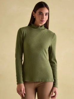 Amy Green Ribbed Long Sleeve High Neck Jersey Top