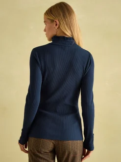 Amy Navy Ribbed Long Sleeve High Neck Jersey Top