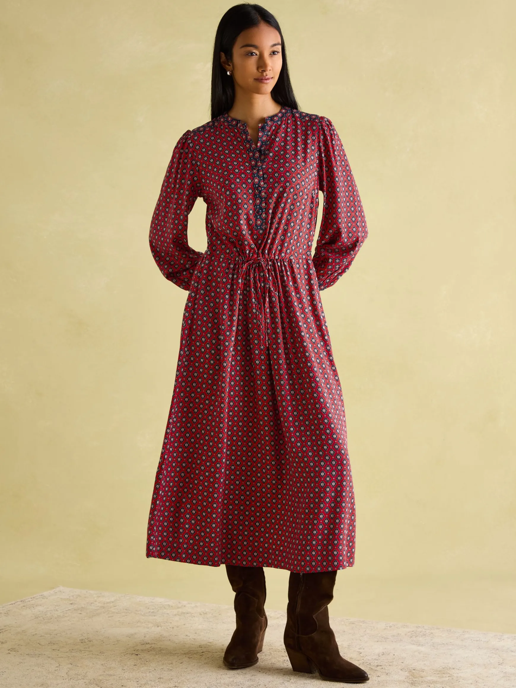 Aster Red and Navy Tie Waist Midi Dress