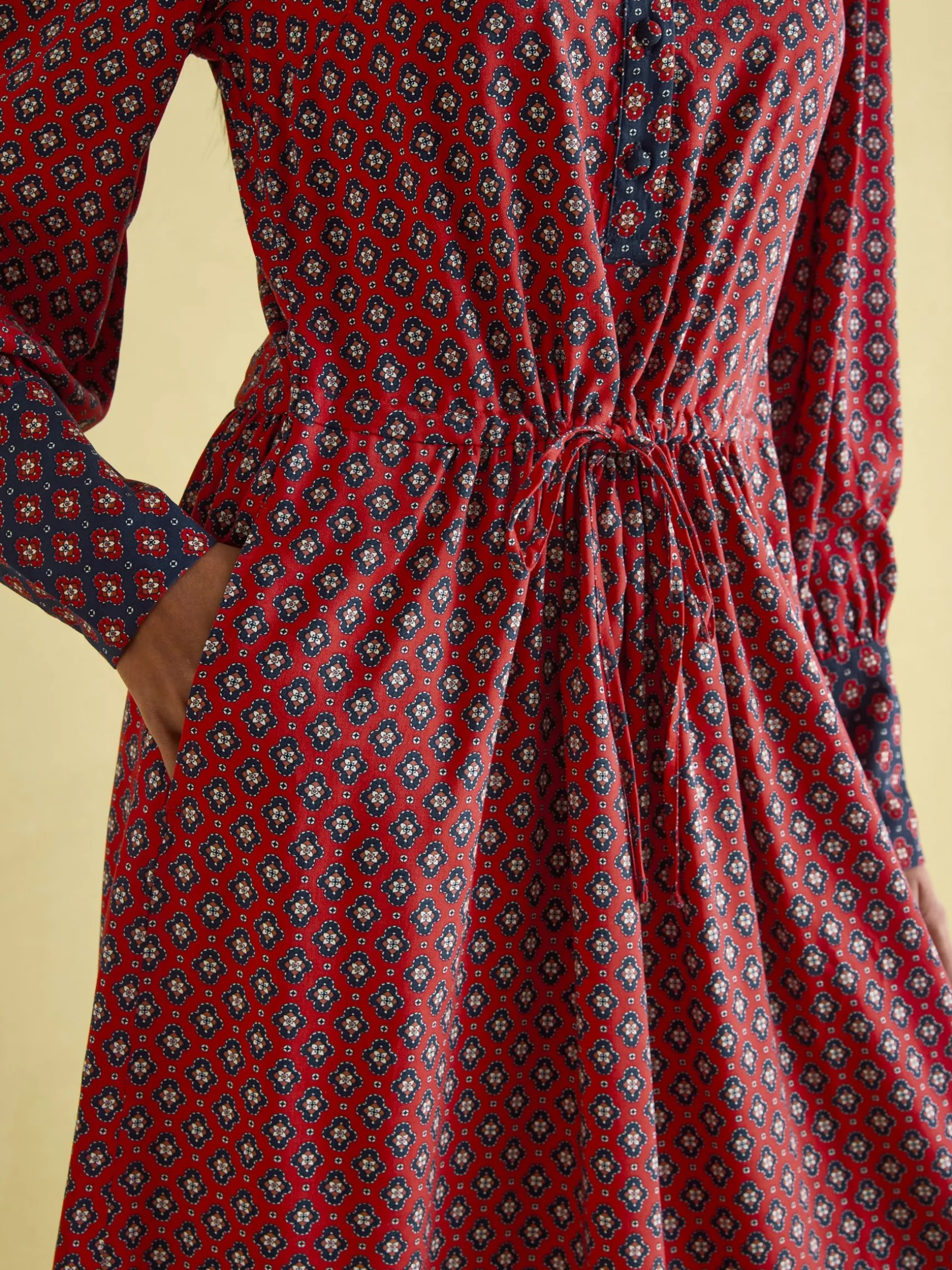 Aster Red and Navy Tie Waist Midi Dress