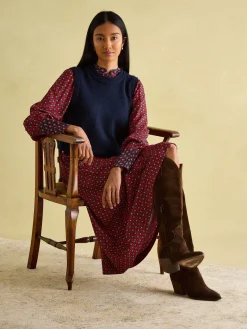 Aster Red and Navy Tie Waist Midi Dress