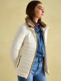 Beckley White Padded Showerproof Jacket with Faux Fur Trim
