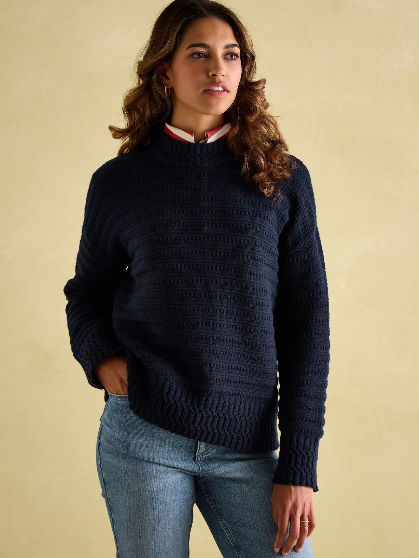 Bernie Navy Blue Crew Neck Textured Jumper Contains Merino Wool