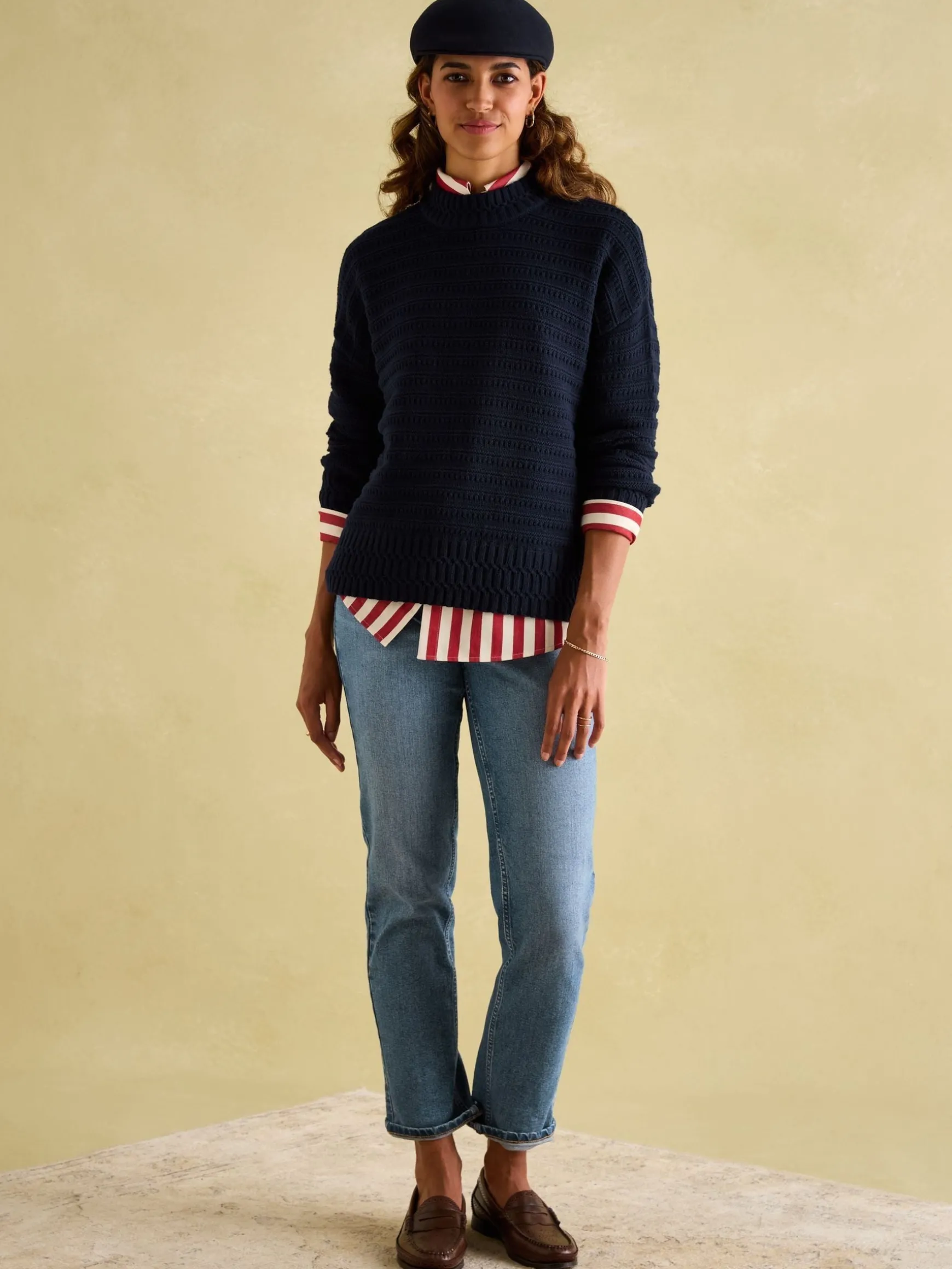 Bernie Navy Blue Crew Neck Textured Jumper Contains Merino Wool
