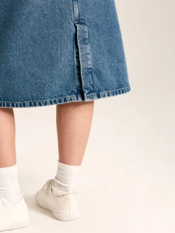 Blue Button Front Denim Midi Skirt