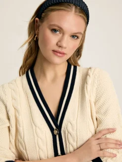 Centre Court Cream & Navy Button Through Cable Knit Cardigan