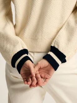 Centre Court Cream & Navy Button Through Cable Knit Cardigan