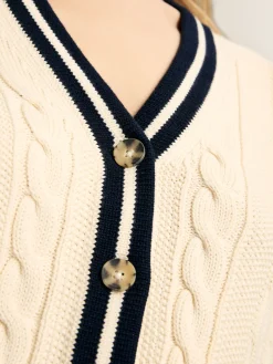 Centre Court Cream & Navy Button Through Cable Knit Cardigan