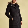 Cherington Black Showerproof Longline Padded Coat with Faux Fur Hood