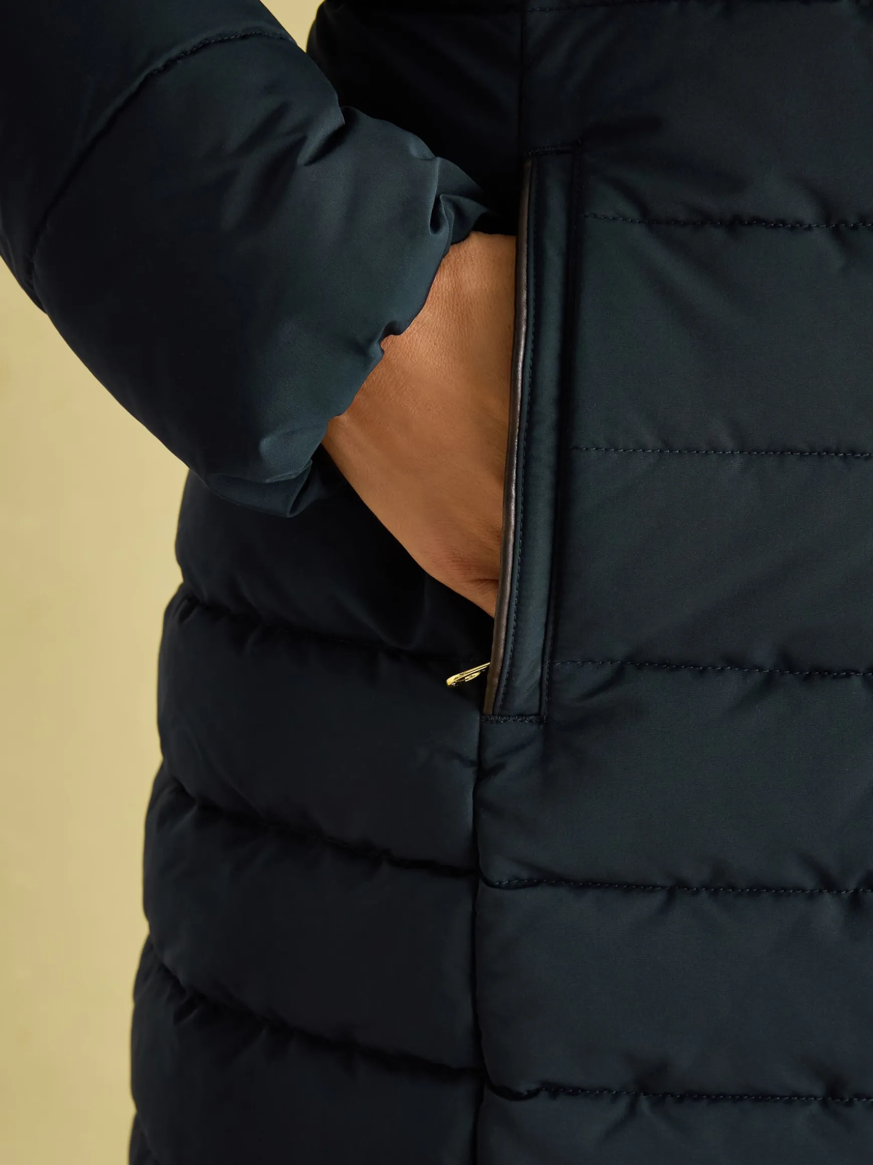 Cherington Navy Showerproof Longline Padded Coat with Faux Fur Hood