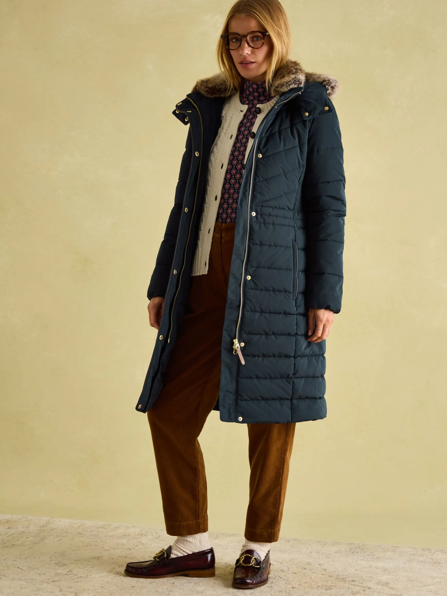 Cherington Navy Showerproof Longline Padded Coat with Faux Fur Hood