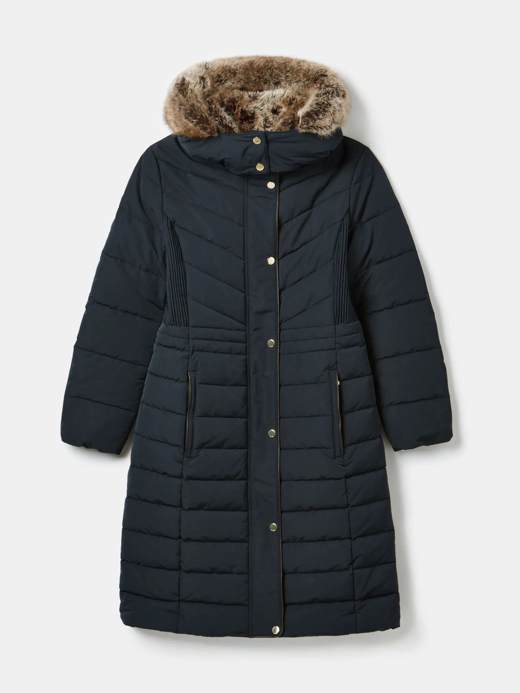 Cherington Navy Showerproof Longline Padded Coat with Faux Fur Hood