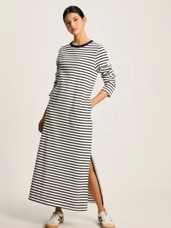 Cleo Navy& White Striped Long Sleeve Jersey Midi Dress
