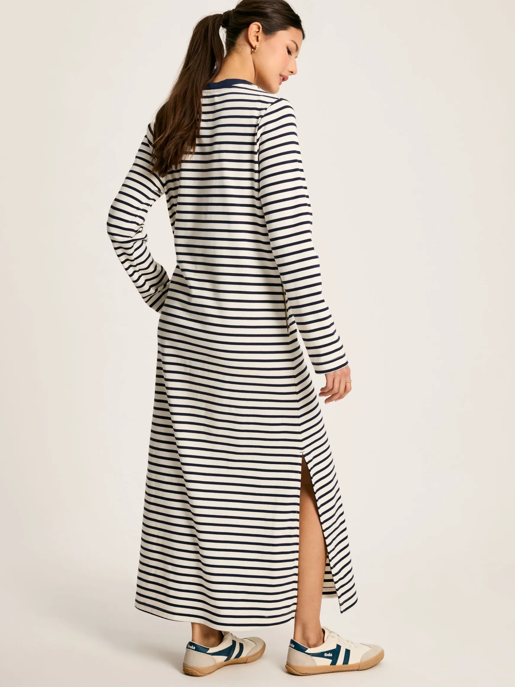 Cleo Navy& White Striped Long Sleeve Jersey Midi Dress