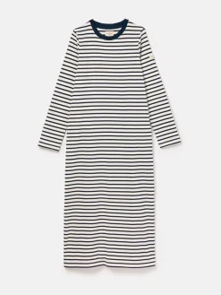 Cleo Navy& White Striped Long Sleeve Jersey Midi Dress