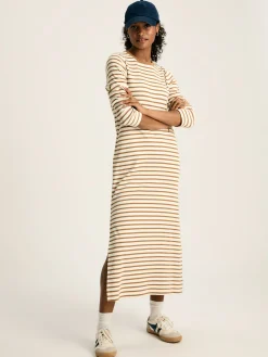 Cleo Tan Brown Striped Long Sleeve Jersey Midi Dress