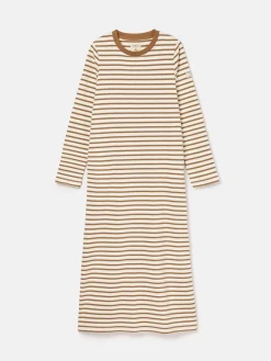 Cleo Tan Brown Striped Long Sleeve Jersey Midi Dress