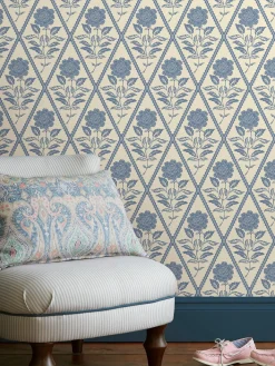 Cream/Blue Juliette Floral Print 10M Wallpaper