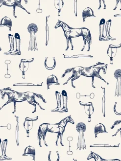 Cream/Blue Sketched Equestrian Print 10M Wallpaper