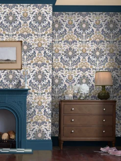 CreamBlueGold Animal Damask Print 10M Wallpaper