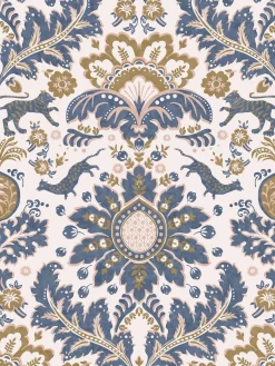 CreamBlueGold Animal Damask Print 10M Wallpaper