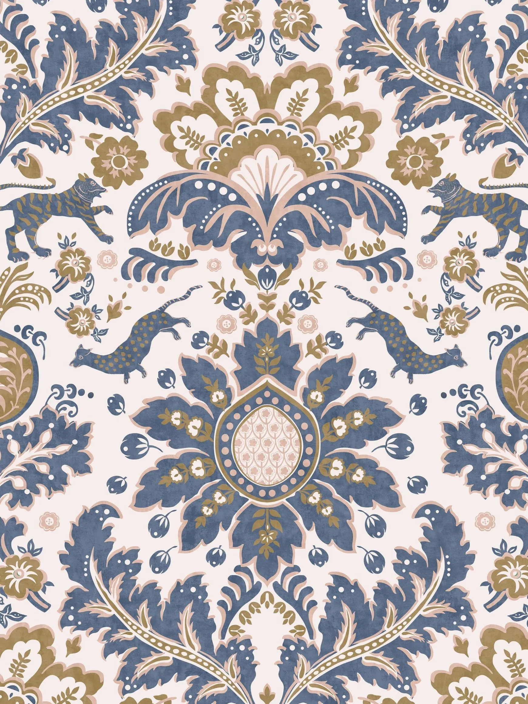 CreamBlueGold Animal Damask Print 10M Wallpaper