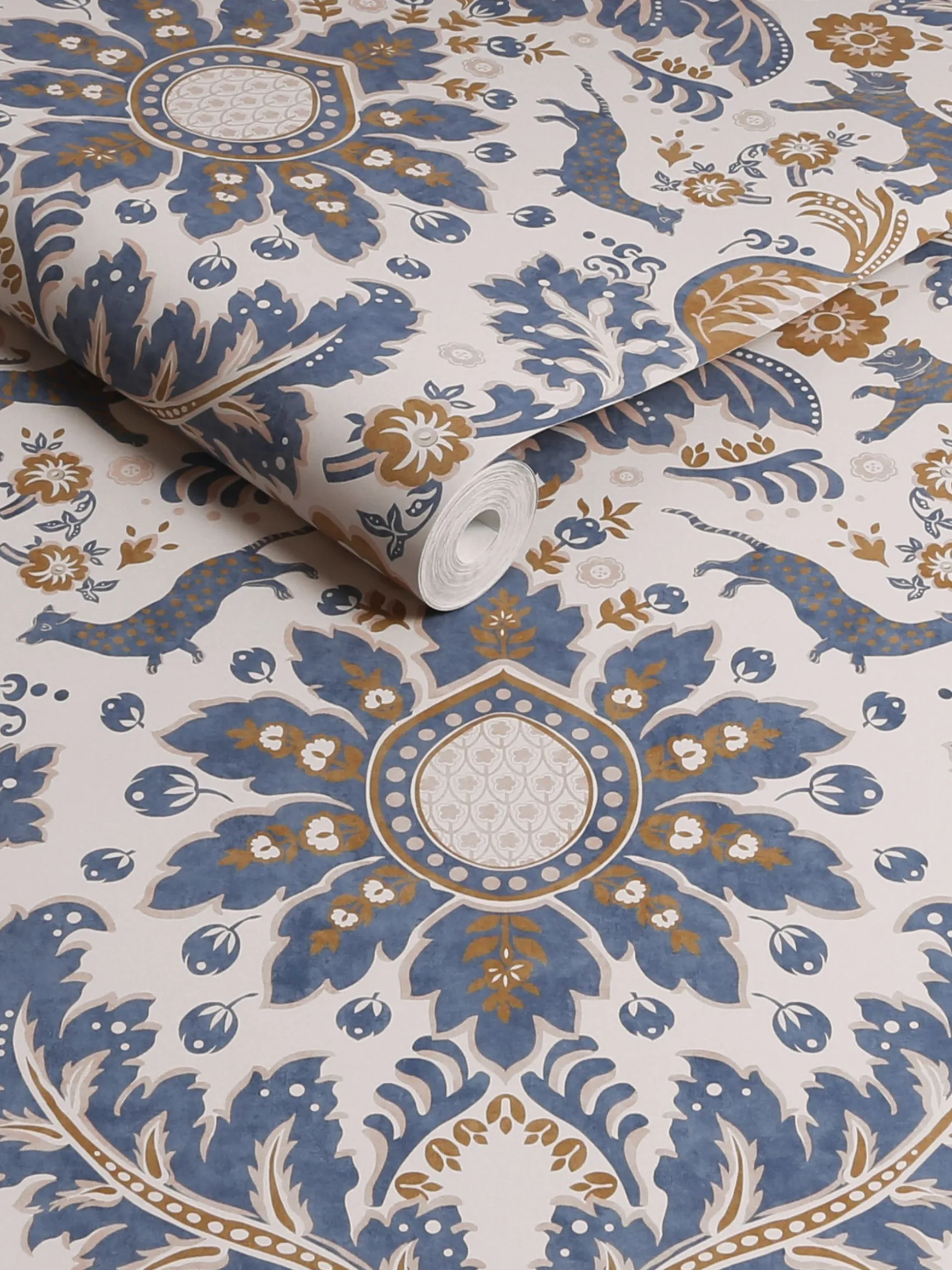CreamBlueGold Animal Damask Print 10M Wallpaper