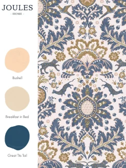 CreamBlueGold Animal Damask Print 10M Wallpaper