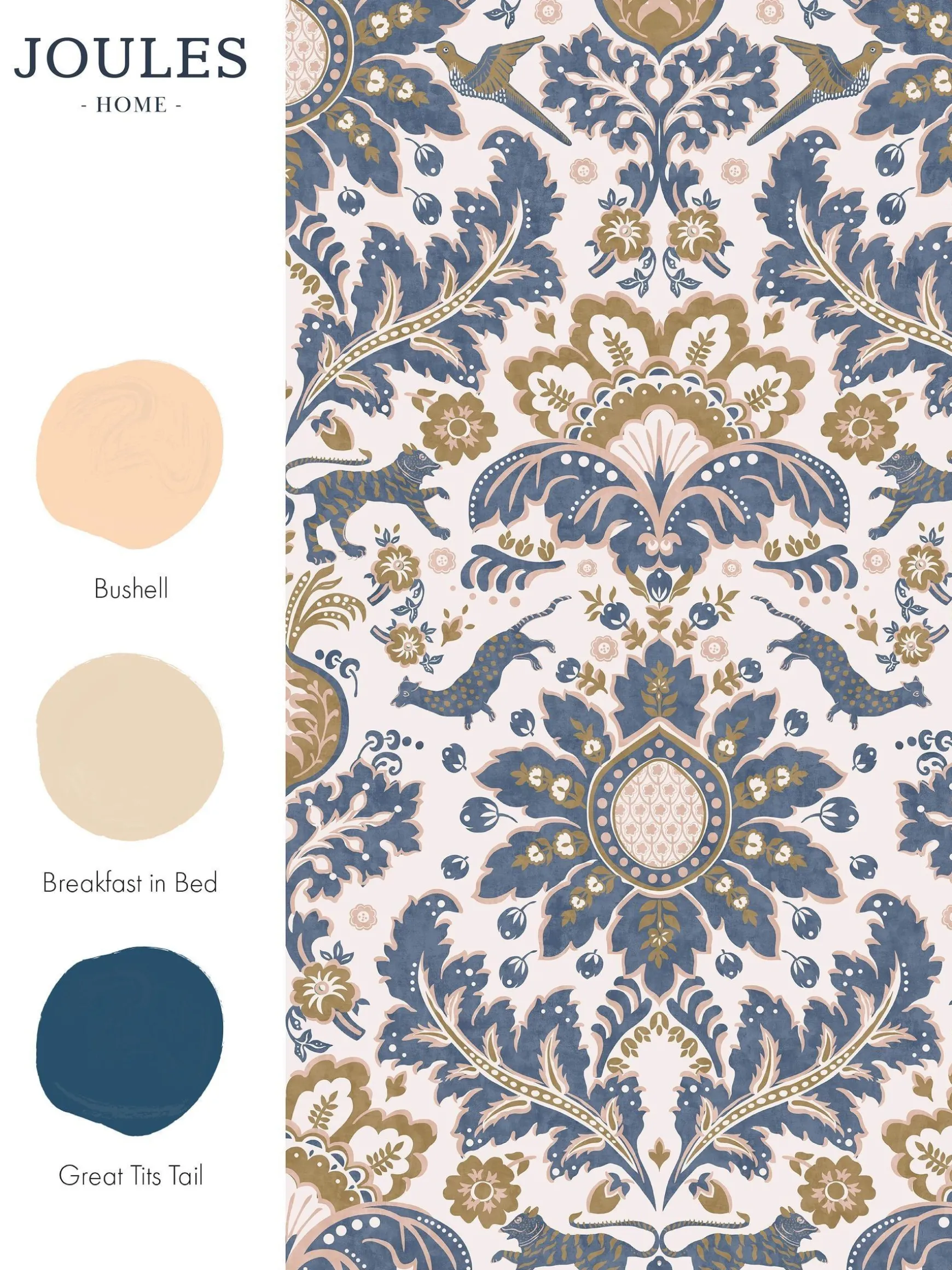 CreamBlueGold Animal Damask Print 10M Wallpaper