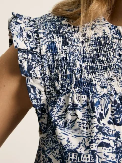 Cynthia Blue on White Cotton Blouse