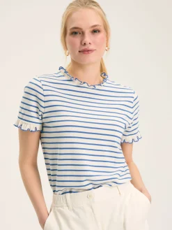 Daisy Cream & Blue Short Sleeve Frilled Neck Top