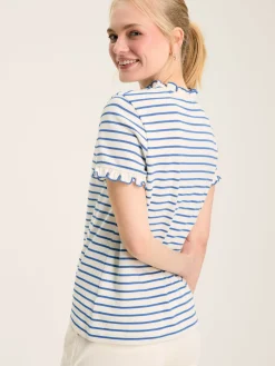 Daisy Cream & Blue Short Sleeve Frilled Neck Top