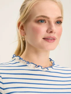 Daisy Cream & Blue Short Sleeve Frilled Neck Top