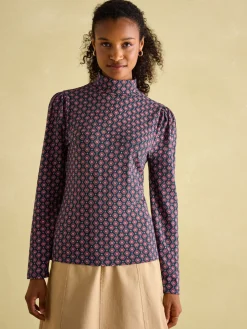 Elizabeth Blue Floral High Neck Jersey Top