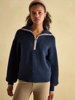 Elmore Navy Knitted Quarter Zip Jumper