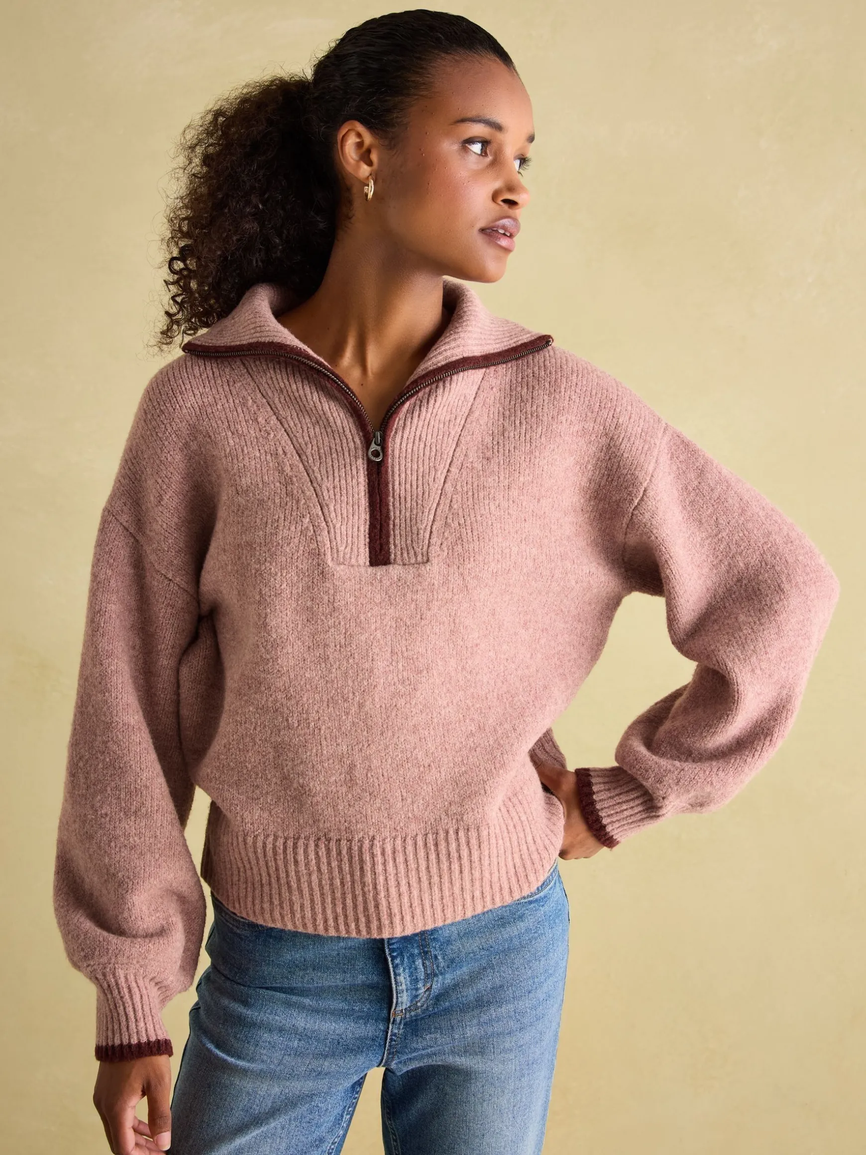 Elmore Pink Knitted Quarter Zip Jumper