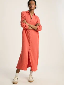 Erica Coral Pink Button Through Cotton Shirt Dress