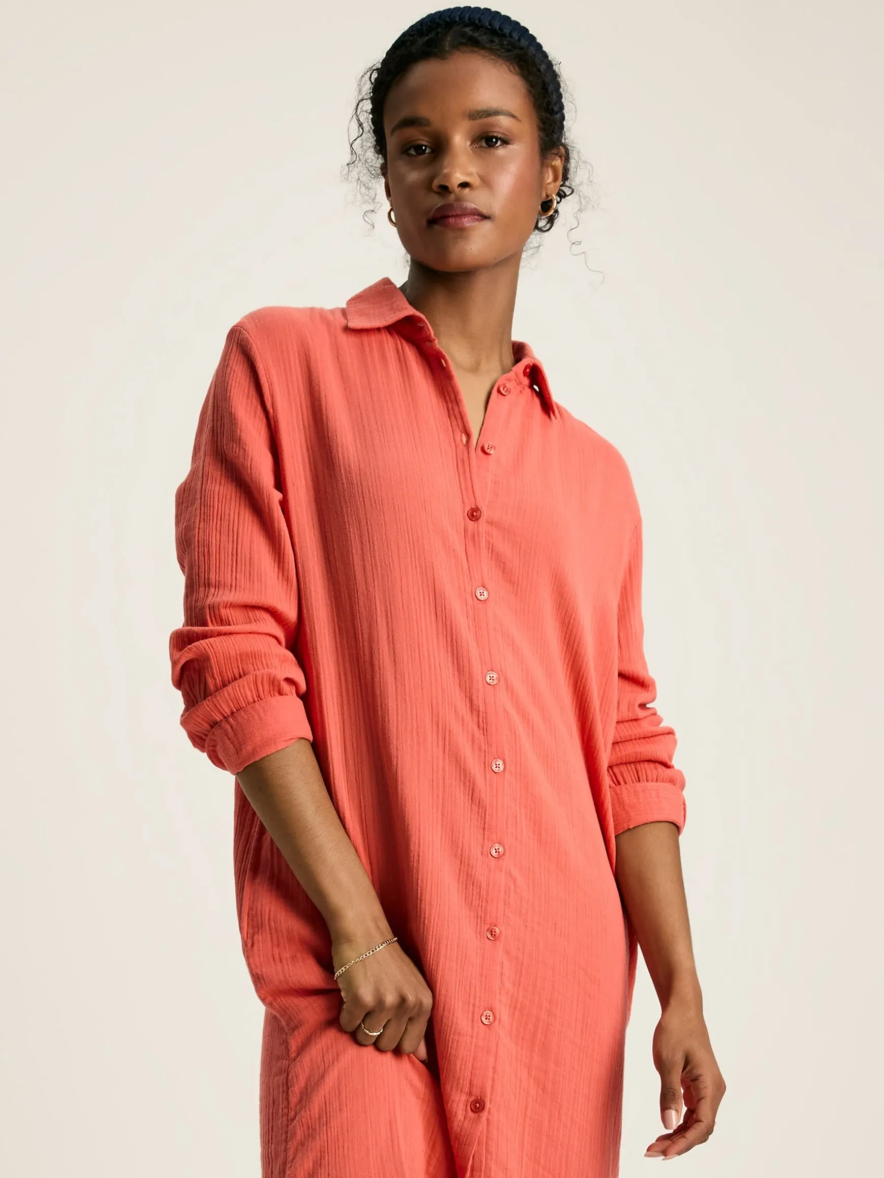 Erica Coral Pink Button Through Cotton Shirt Dress