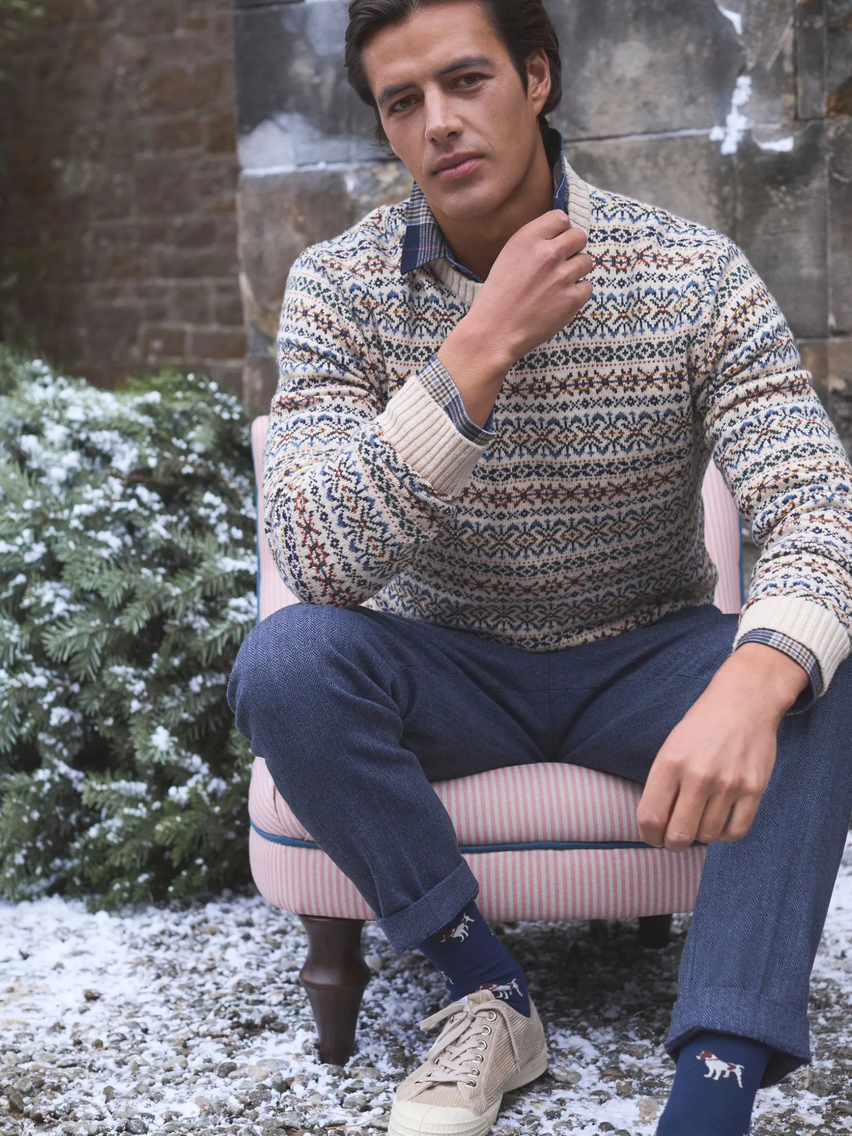 Fair Isle Cream Crew Neck Jumper Contains Merino Wool