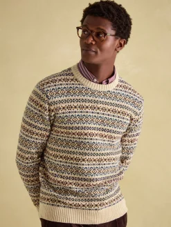 Fair Isle Cream Crew Neck Jumper Contains Merino Wool