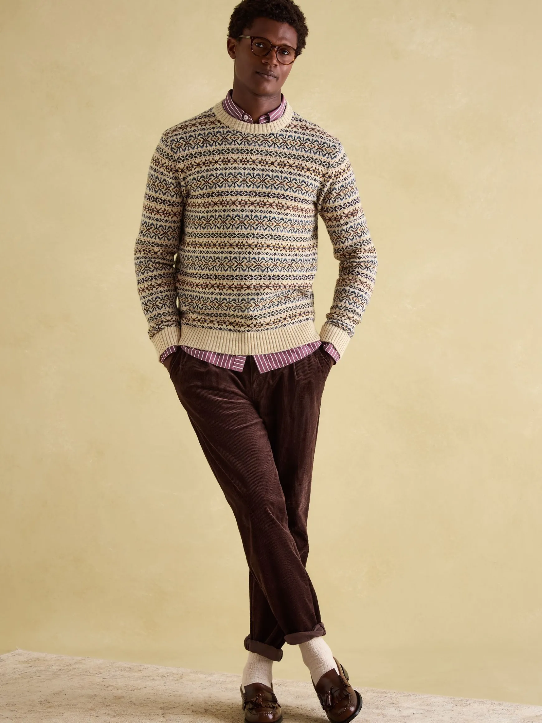 Fair Isle Cream Crew Neck Jumper Contains Merino Wool