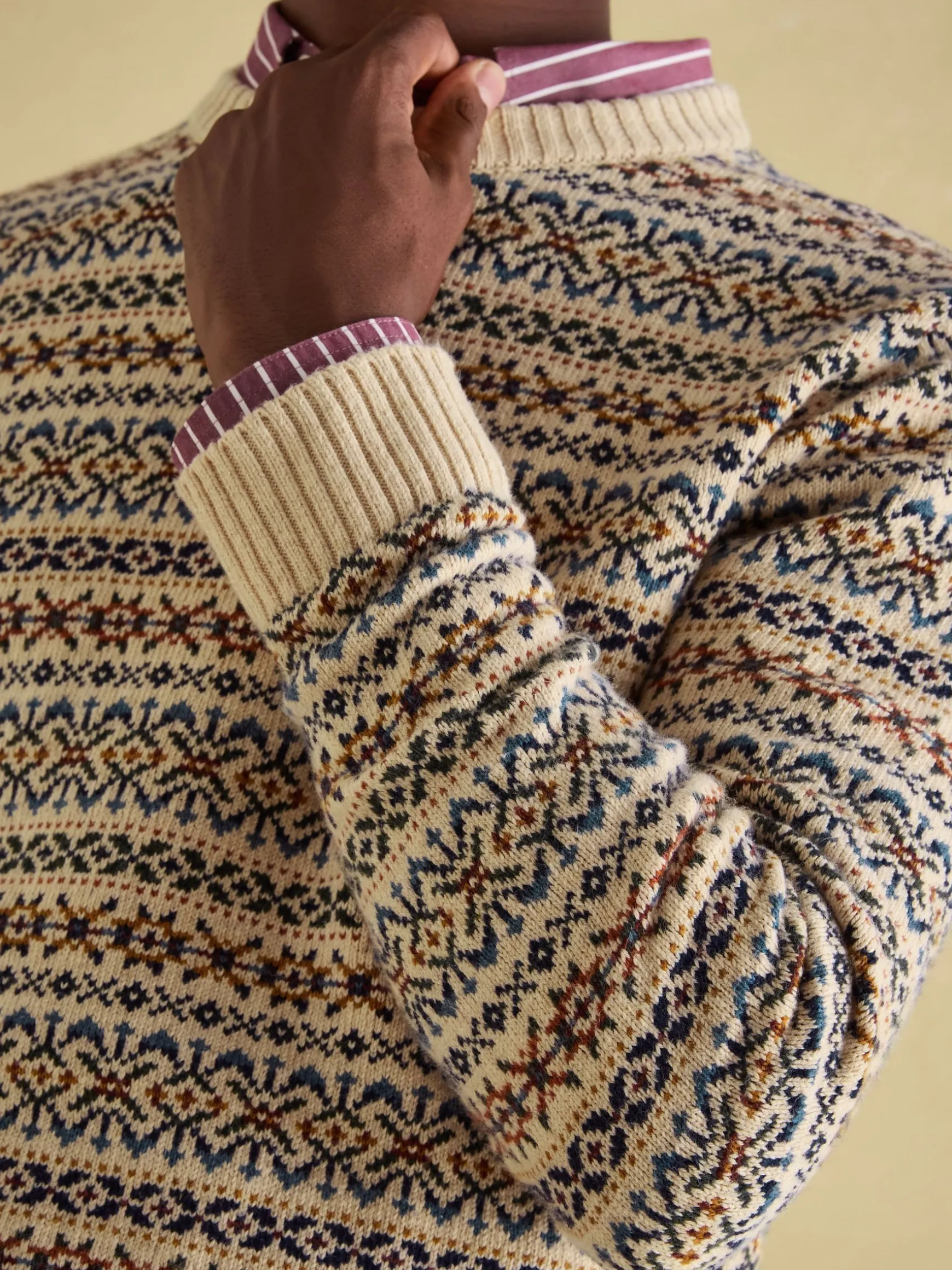 Fair Isle Cream Crew Neck Jumper Contains Merino Wool