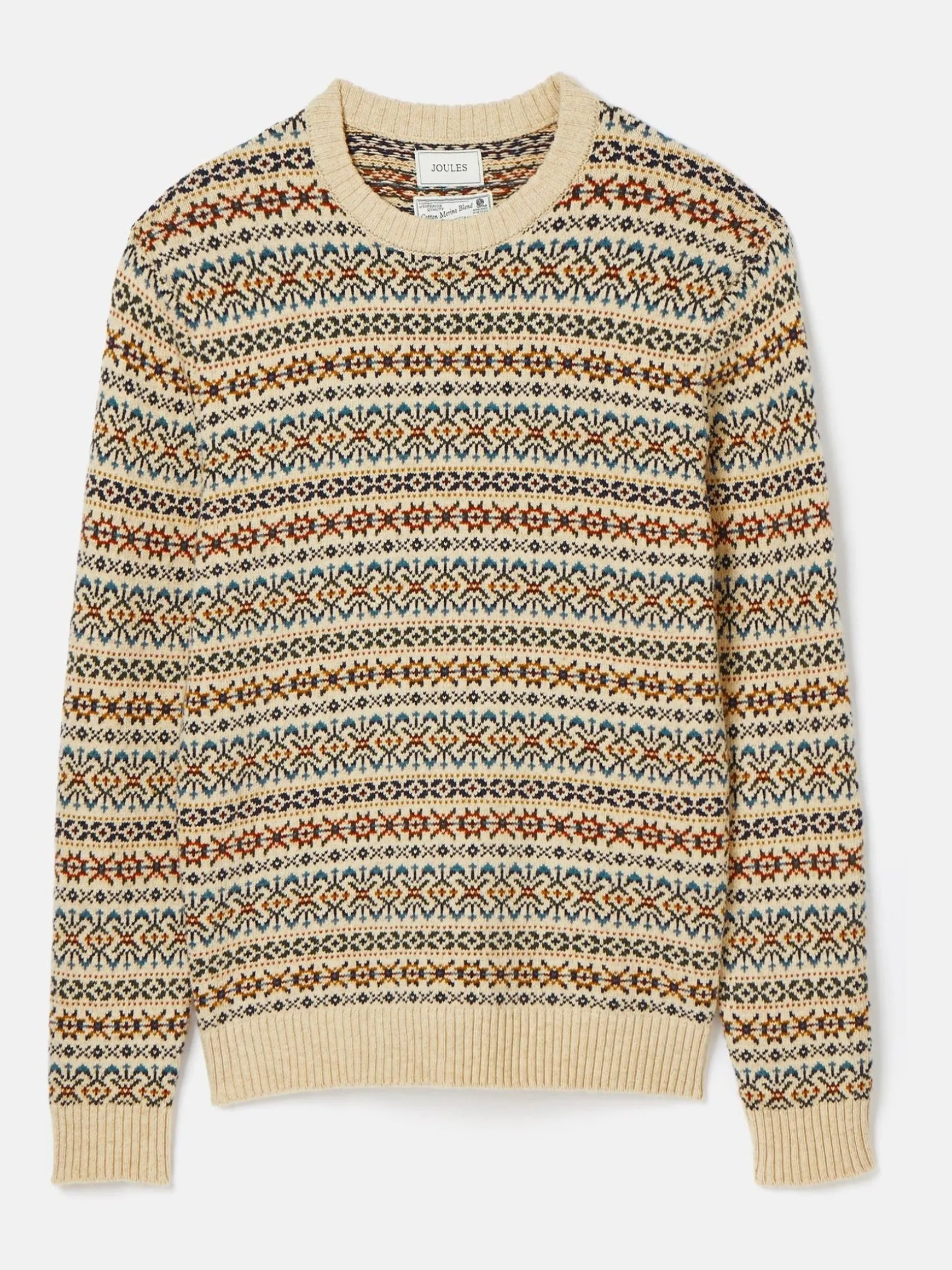 Fair Isle Cream Crew Neck Jumper Contains Merino Wool
