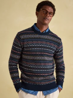 Fair Isle Navy Crew Neck Jumper Contains Merino Wool