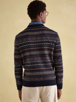 Fair Isle Navy Crew Neck Jumper Contains Merino Wool