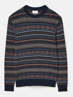 Fair Isle Navy Crew Neck Jumper Contains Merino Wool