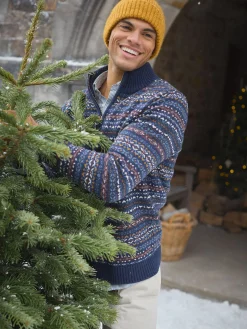 Fair Isle Navy Quarter Zip Knit Jumper Contains Merino Wool